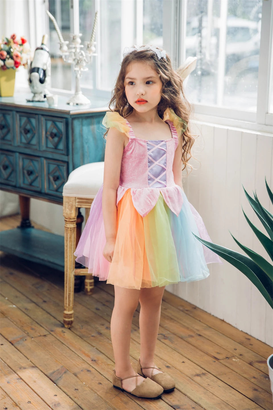 Cheap Top Quality Summer Fancy Baby Girl Fairy Rainbow Tutu Dress Halloween Cosplay Elf Princess Carnival Infant Party Ball Gown