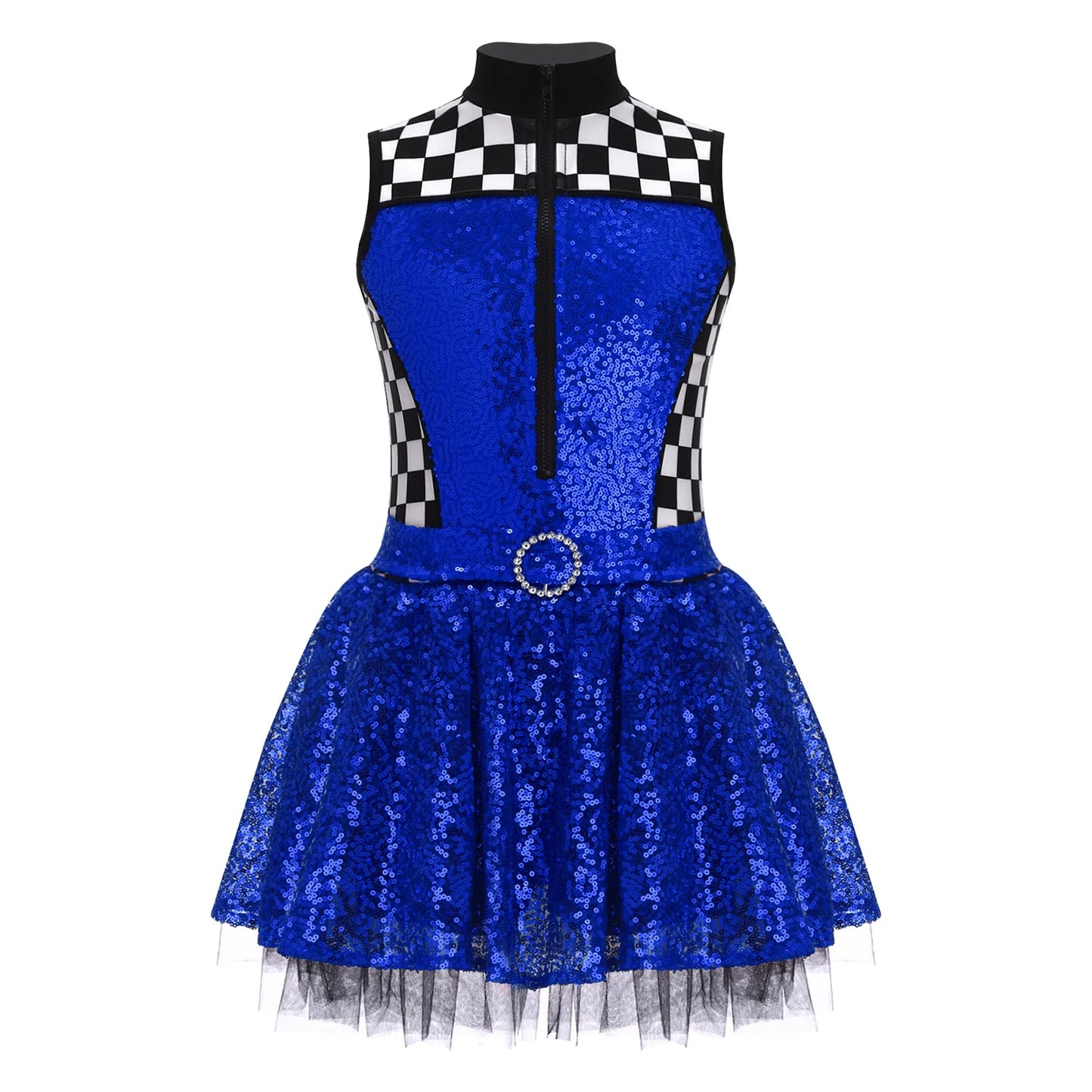 Kids Girls Checkerboard Racer Costume Halloween Car Driver Cosplay Leotard Dress with Tulle Skirt Themed Party Driving Roleplay