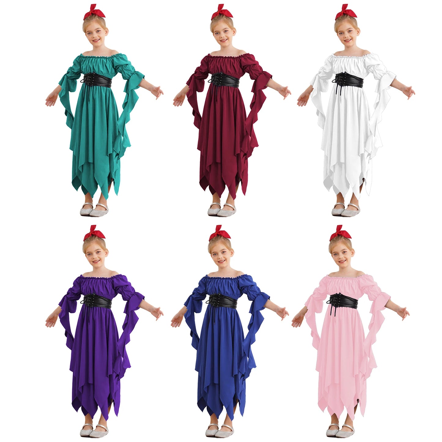 Girls Halloween Medieval Renaissance Witch Vampire Cosplay Costume Victorian Gothic Dress Off Shoulder Smocked Irregular Gown