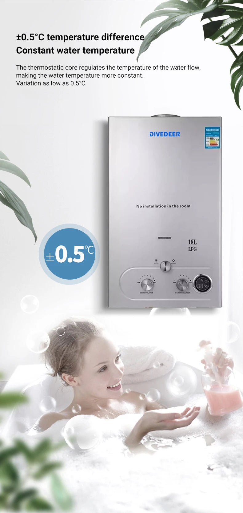 DIVEDEER 6L–18L Portable Instant-Heat LPG Water Heater for Home Use Stainless Steel Construction, Easy Installation