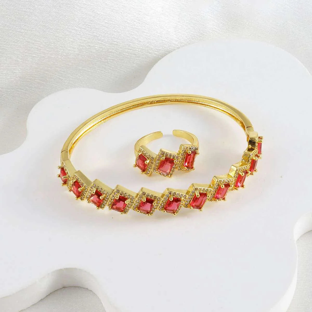 2 pieces/set of bracelets+ring micro inlaid with zircon light luxury multi-color zircon personalized copper gold-plated women's