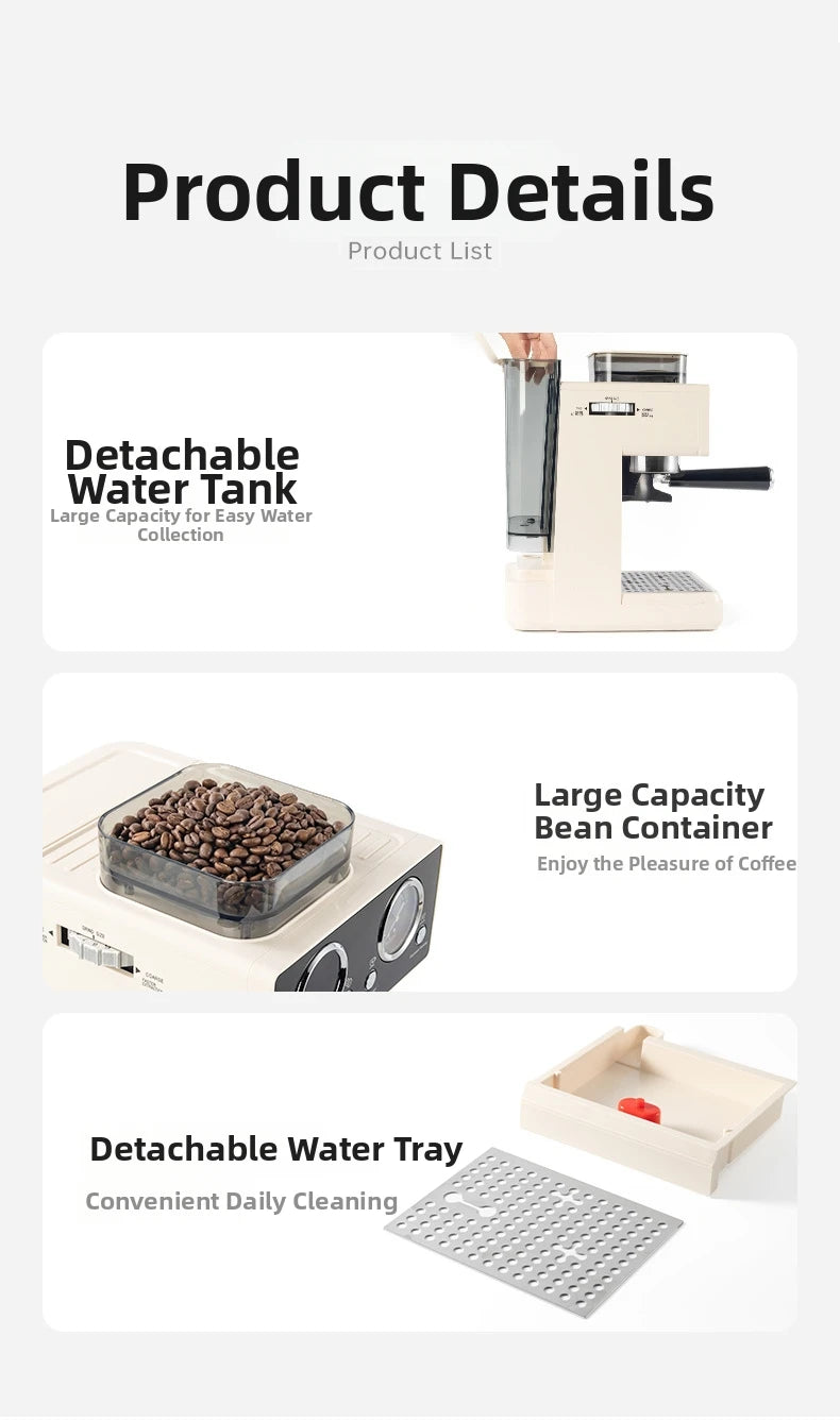 20Bar Semi-Auto Espresso Machine Smart Touch Control with Built-in Grinder, Cold/Hot Brew, Milk Frother for Home/Office
