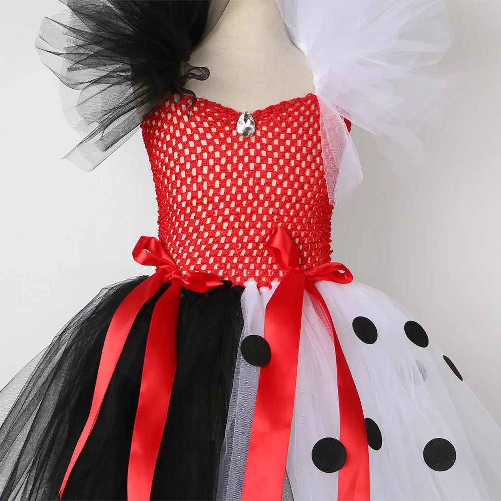 Halloween Crulla Cosplay Costume Cruella Tulle Dress Party Girls Black White Carnival Kids Cruella Wig Lace Mask Suit Clothes