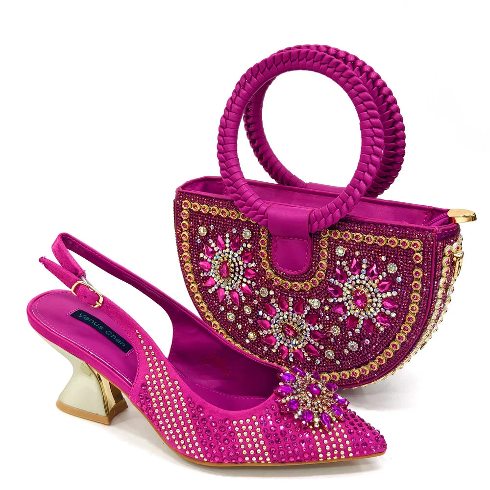 2024 New Designer Specials Italian Women Heels Shoes and Bag Set Royal Purple Color Comfortable With Rhinestone for Party