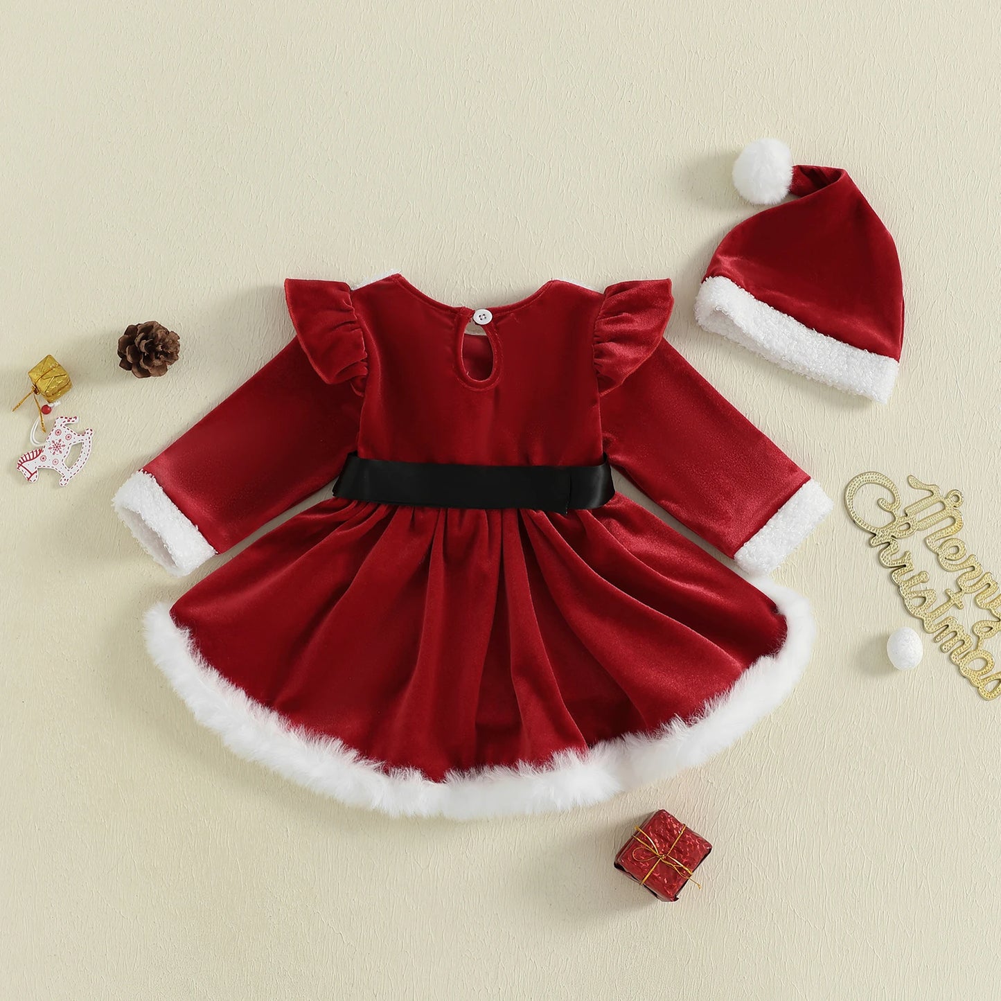 Citgeett Winter Christmas Infant Baby Girls Bodysuit Dress Plush Patchwork Long Sleeve Jumpsuits Cute Santa Hat Set Outfits