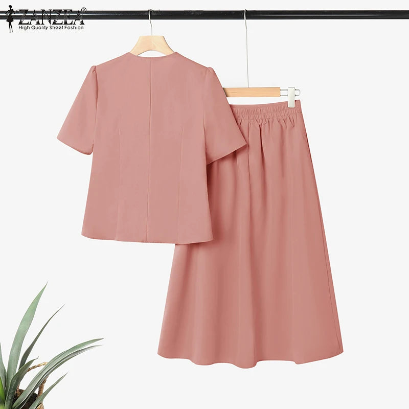 ZANZEA Vintage Outfits Women Fashion Office Dress Sets Solid Shirts A-Line Pleated Maxi Skirts Casual Suits 2025 Matching Sets