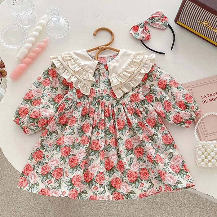 2025 New Spring Baby Sisters Dress 1-5Yrs Girl Party Dress Long Sleeved Cotton Rose Print Romper Sisters Kids Princess Dresses