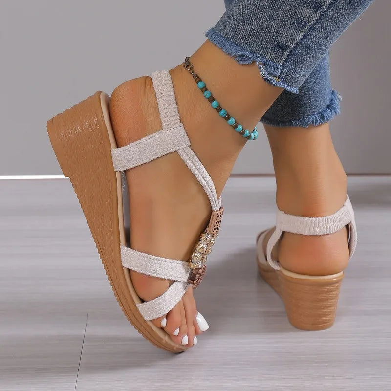 Women's Shoes Wedge Sandals Summer Fashion Round Toe Sandals Comfortable Non Slip Beach Shoes Slip on Open Toe Casual Sandals