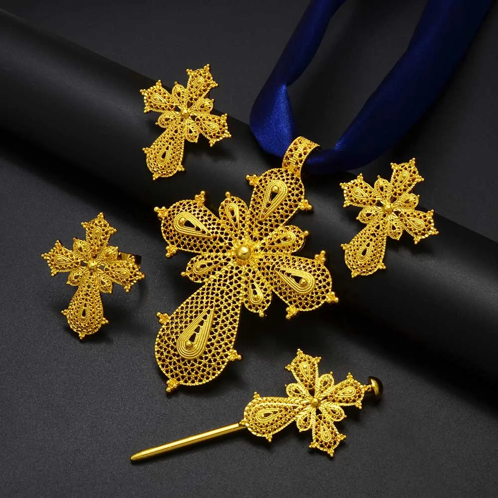 Anniyo Ethiopian Cross Jewelry sets Silver/Gold Color Necklaces Earrings Ring Hairpin Eritrean African Ethnic Wedding #313806