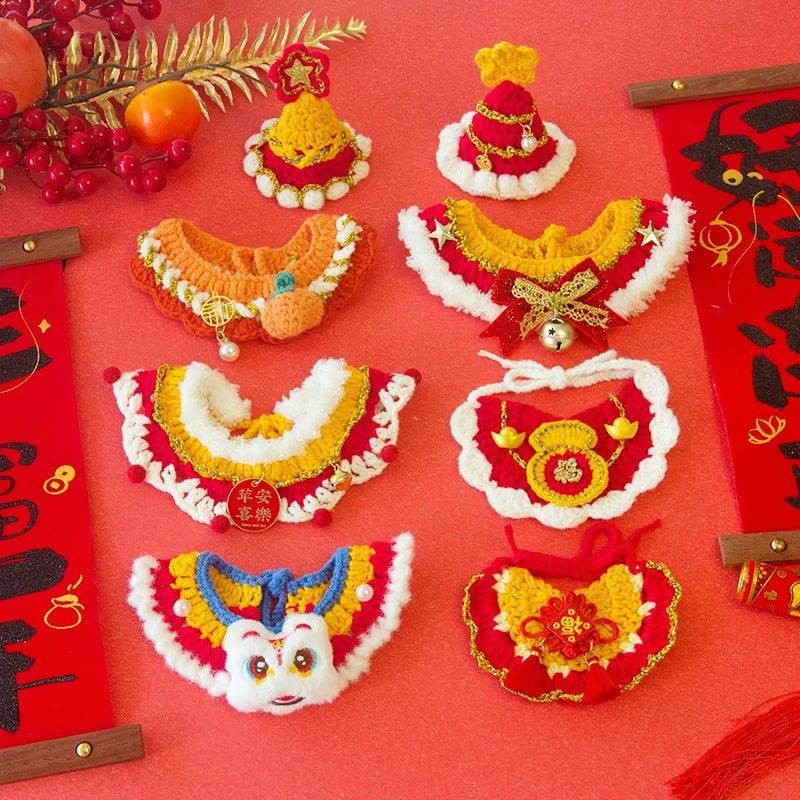 New Year Cat Collar Pet Cat Dog Scarfs Crocheted Kitten Puppy Collar Spring Festival Cat Cosplay Costume Pet Accessiories