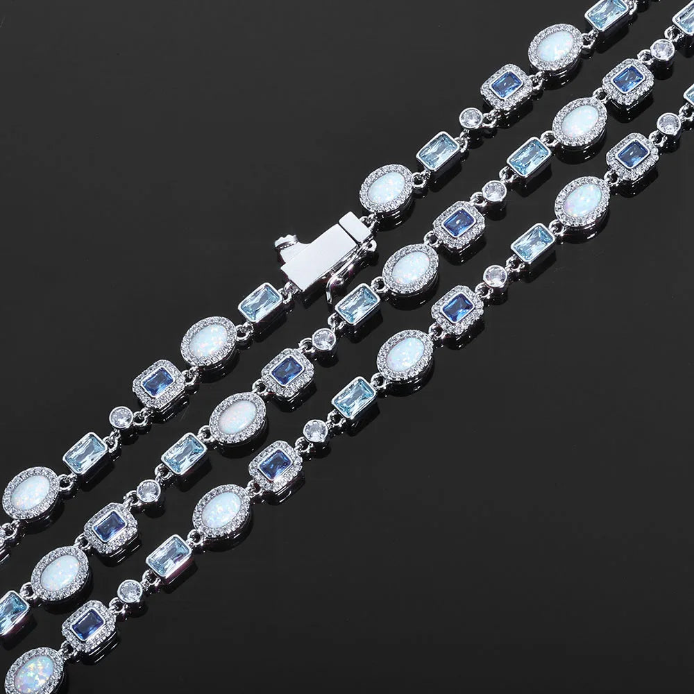 ESKEEM 6mm Geometric Gemstone Motif Iced Out Blue Chain Multicolor CZ Stones White Gold Plated Diamond Necklace Hip Hop Jewelry