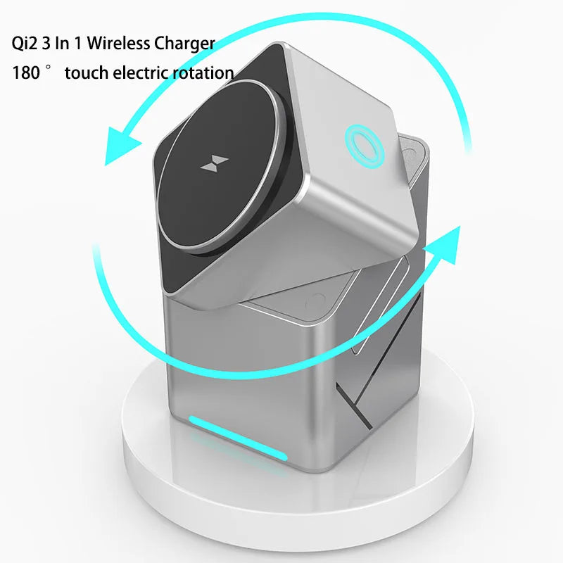 Rotating Qi2 3in1 15w Magnetic Wireless Charger Stand For iPhone 16 15 14 13 12 Max  iWatch Airpods Fast Charging Dock