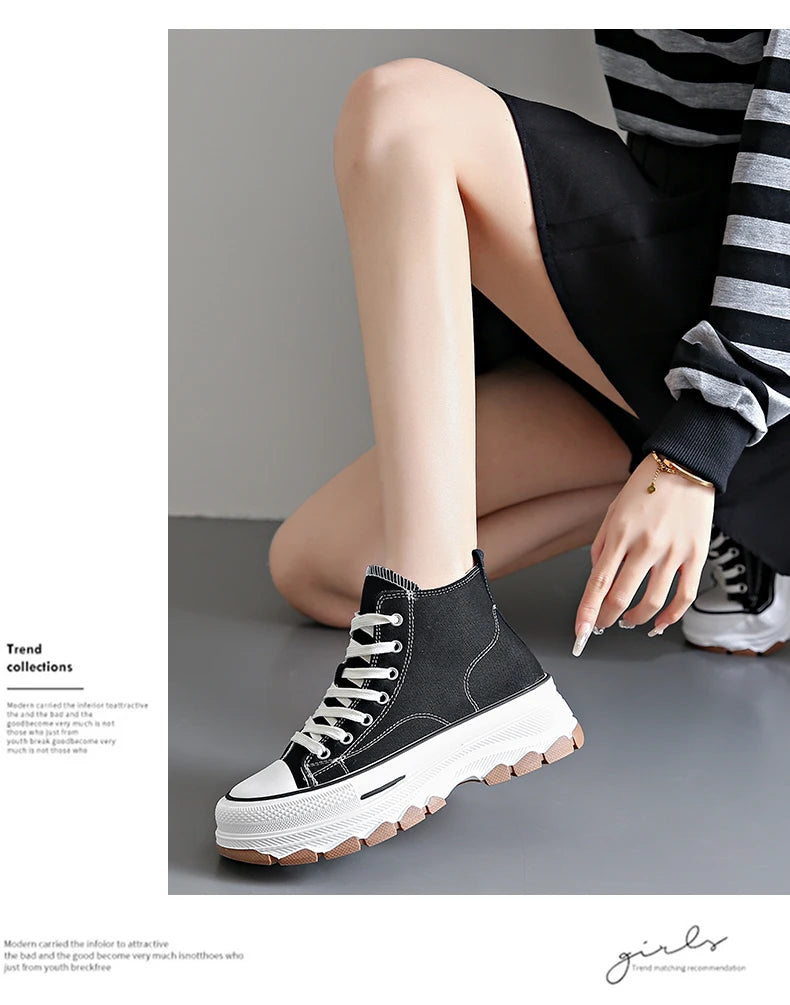 2026Women Canvas Shoes High Top Women's Vulcanize Shoes Lace-Up Casual Ladies Sneakers Plarform Non-slip Round Head Female Shoes
