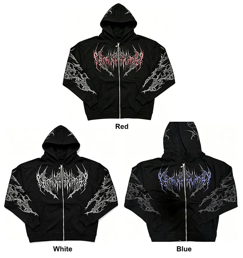 Men Gothic Skull Thorn Graphic Full Zip Up Hoodie Fleece Lined Long Sleeve Winter Punk Goth Streetwear Oversized Sweatshirt
