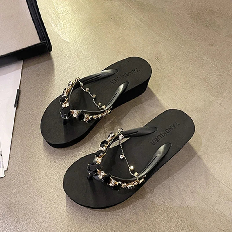 Rhinestone Chain Summer Flip Flops Sandals Women Comfortable Beach Shoes Non-slip Soft Bottom Casual 5cm Heels Wedges Slippers