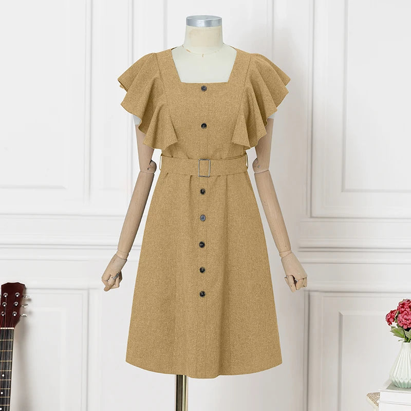 ZANZEA Elegant Women Office Lady Dress Summer Short Sleeve Ruffled Vestidos Casual Solid Color Square Collar Party Midi Sundress