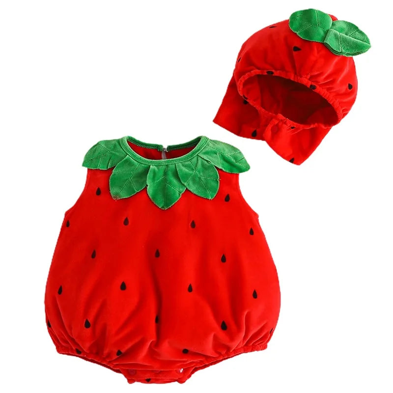 Infant Unisex Baby Halloween Costume Fruits Bodysuit Sleeveless Leaf Trim Strawberry Shape Romper with Hat