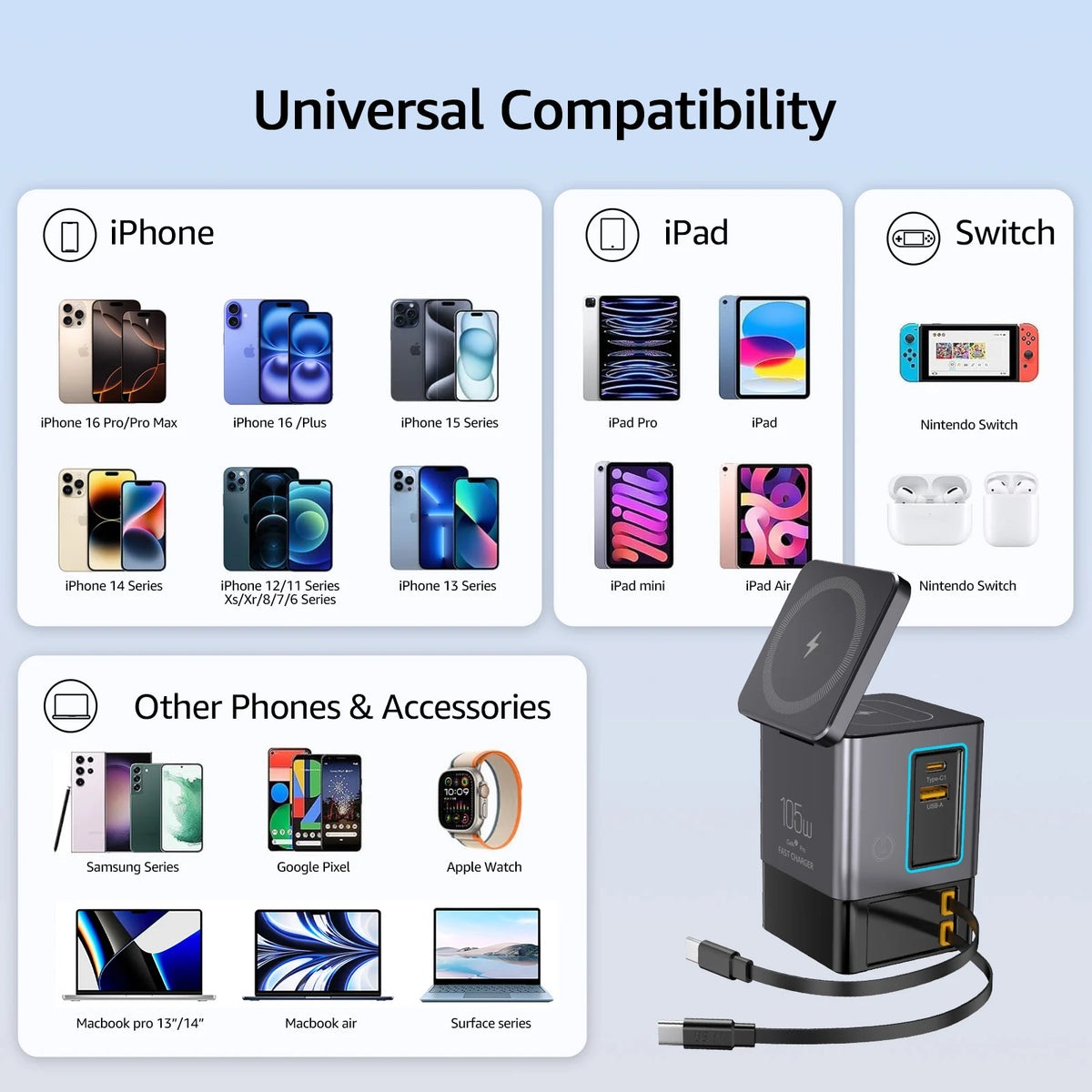 105W 6 In 1 Magnetic Wireless Charger Stand for iPhone Airpod Power Combo Tower with Retractable USB-C Cable Charger Station