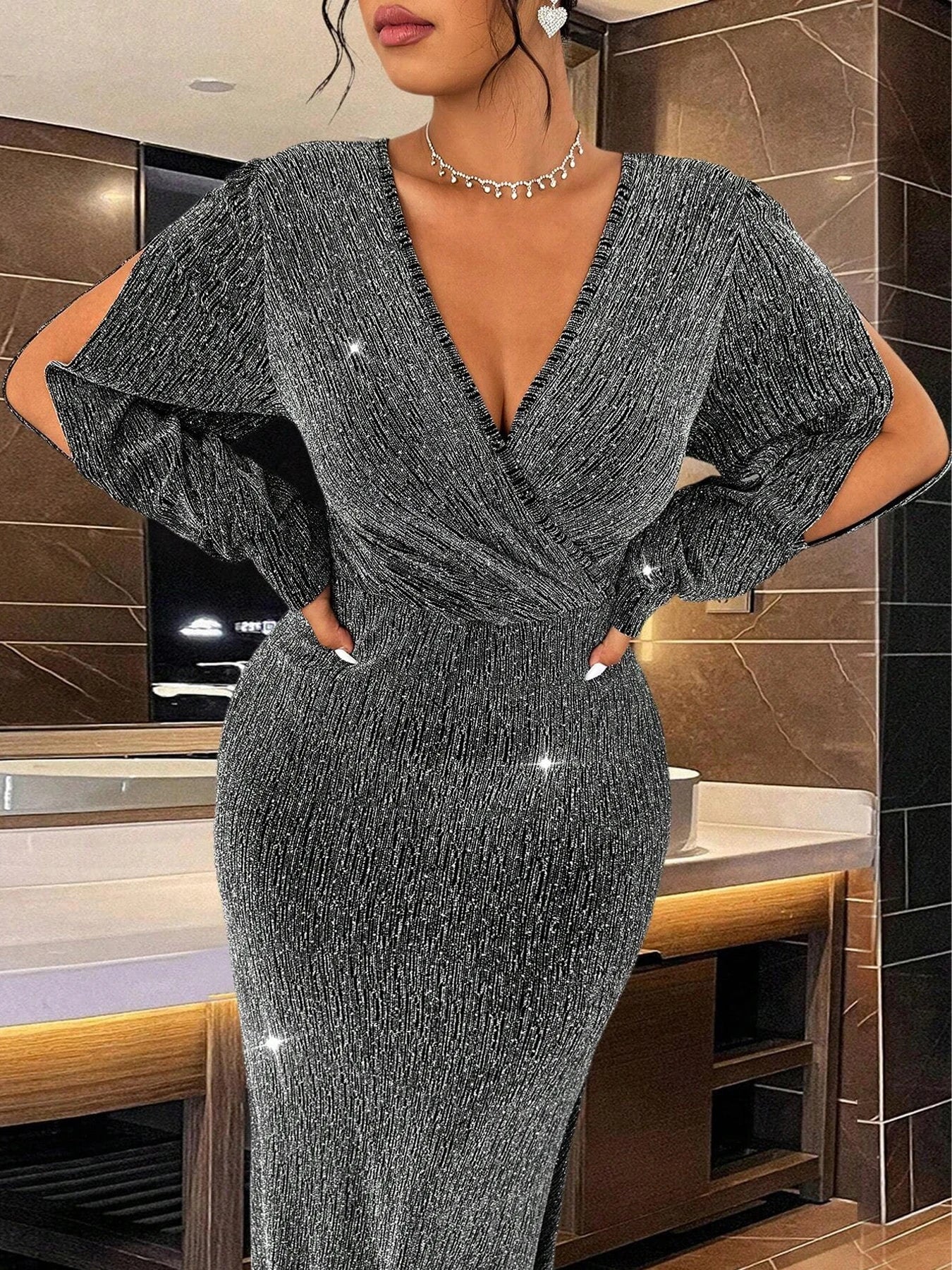 Spring Plus Size Fashion Elegant Temperament Dress Long Sleeve V Neck Slim Evening Gown Formal Party Prom Cocktail Dress