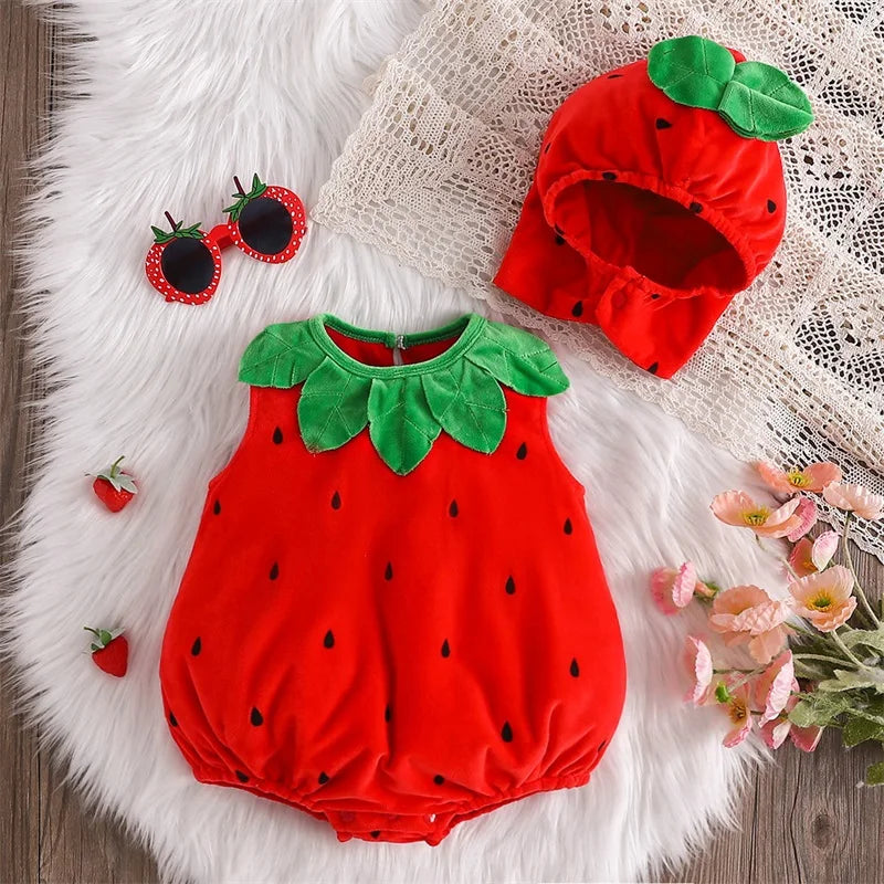 Infant Unisex Baby Halloween Costume Fruits Bodysuit Sleeveless Leaf Trim Strawberry Shape Romper with Hat