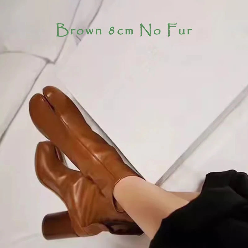Split Toe Chunky Heels Ankle Boots Women Brand Designer Tabi Short Boots Autumn Winter INS Style Genuine Leather Female Shoes