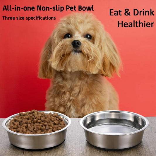 Stainless steel dog bowl, available in three sizes, with a silicone non-slip base, suitable for small, medium, and large dogs