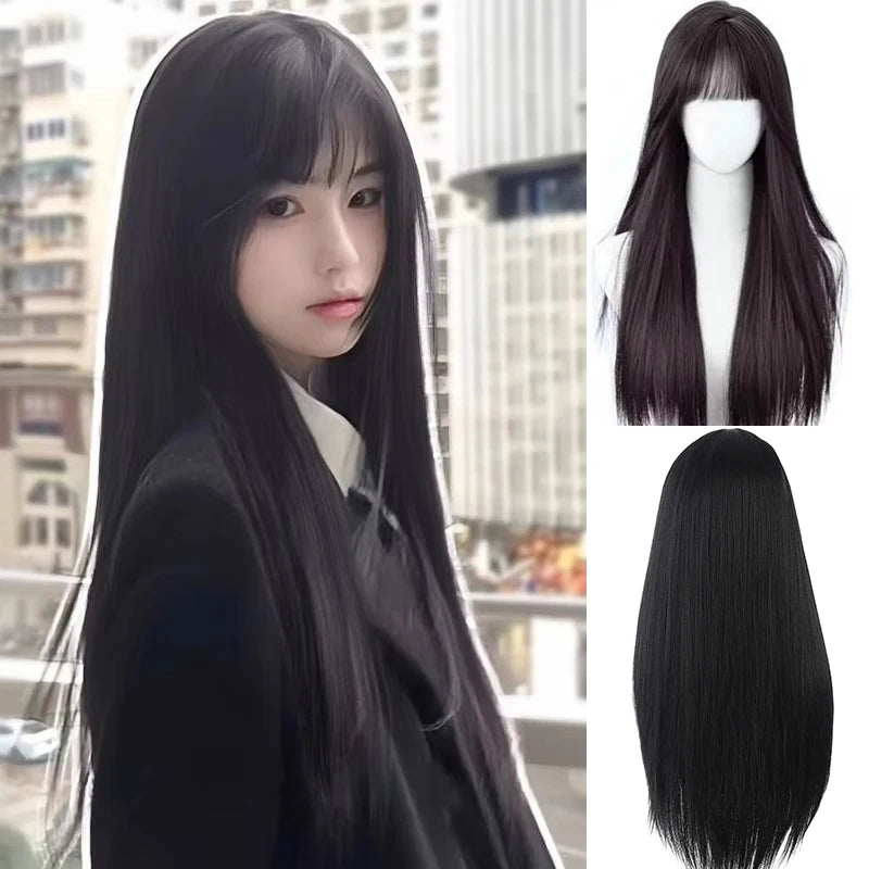 Ombre Pink Brown Wig for Women Cute Lolita Hair Wig with Bangs High Temperature Fibers Synthetic Wigs Headband Wigs for Cosplay