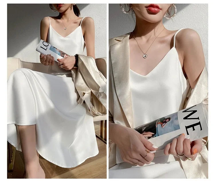 Silk V-neck Slim-fit Satin Dress Sexy Strap Long Gown for Women New 2025 Spring Summer Inner Wear Dress Elegant Lady Dress