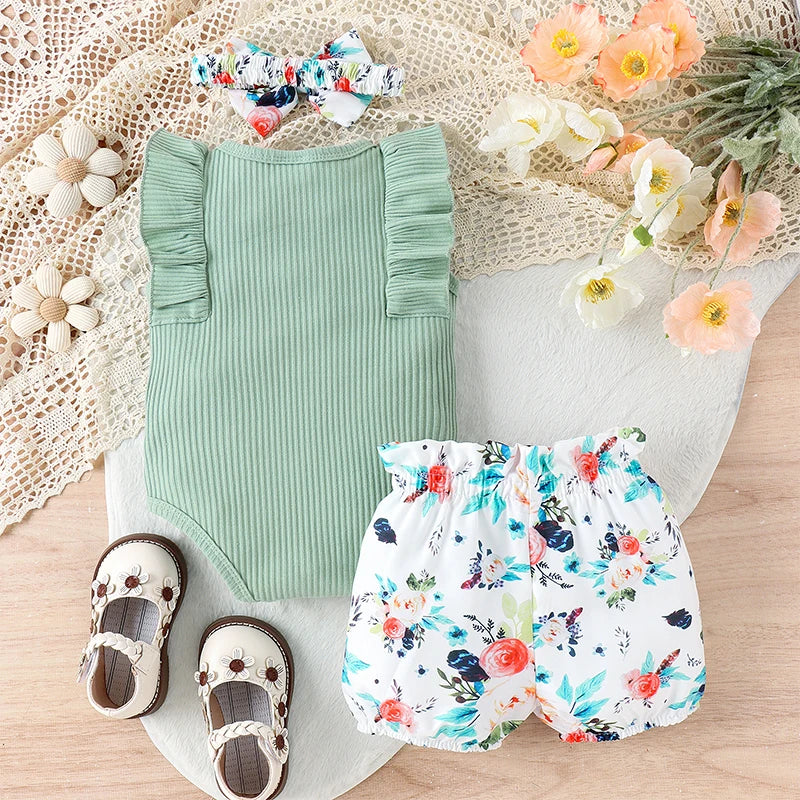 Baby Girl Summer Set Sleeveless Frill Trim Ribbed Romper Elastic Waist Shorts Bow Headband Infant Toddler 3 Piece Outfit