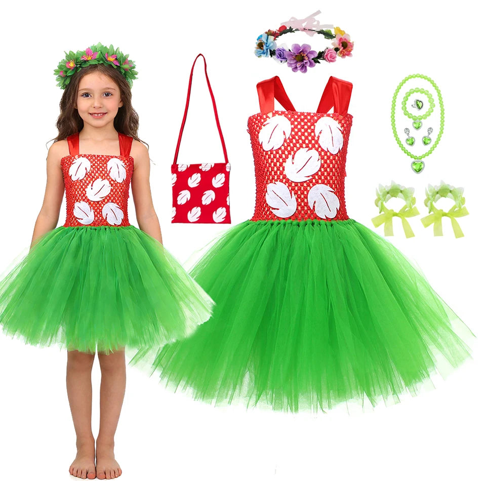 Halloween Costume for Girls Chirdren Summer Red and Green Floral Hawaiian Party Dress with Wreath Outfit for Halloween