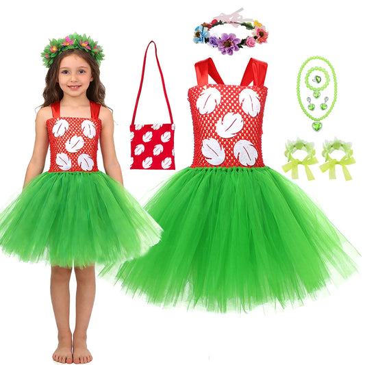 Halloween Costume for Girls Chirdren Summer Red and Green Floral Hawaiian Party Dress with Wreath Outfit for Halloween