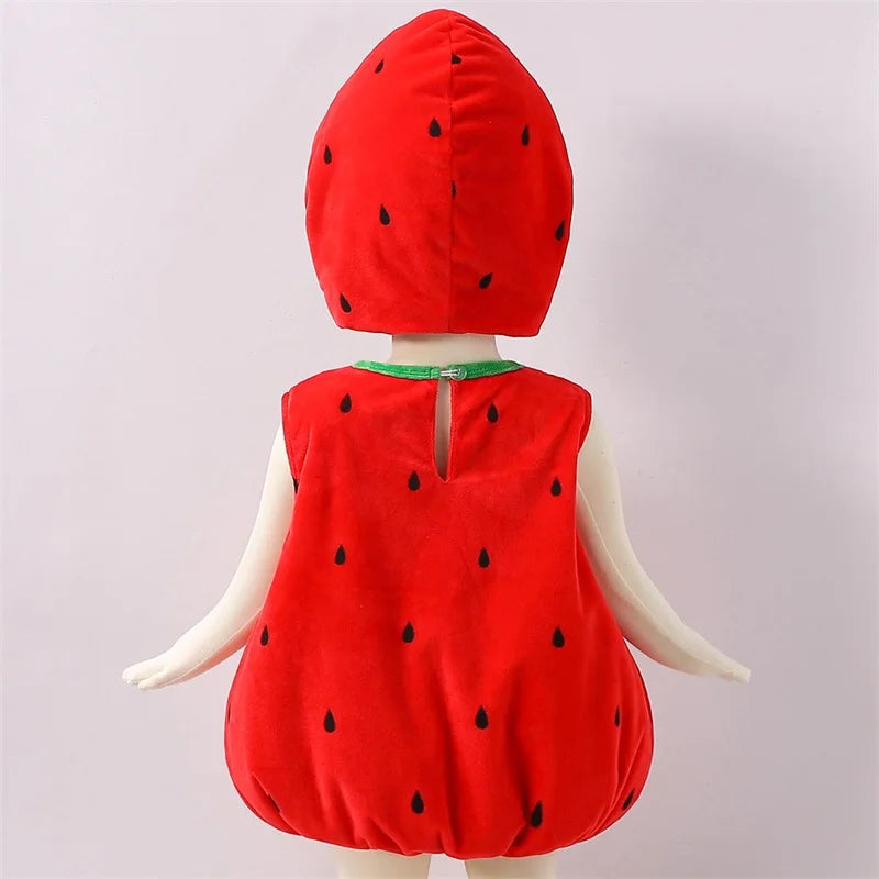 Infant Unisex Baby Halloween Costume Fruits Bodysuit Sleeveless Leaf Trim Strawberry Shape Romper with Hat