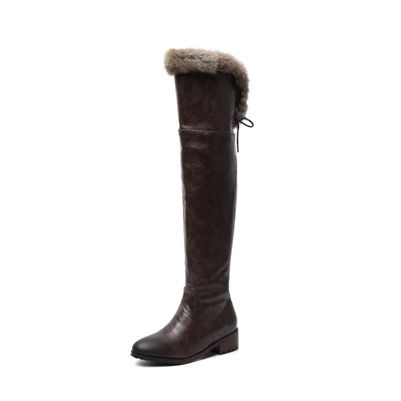 SIMLOVEYO Snow Boots fur Women Leather Boots Med Block Heels Over The Knee Boots Lady Shoes Bota Feminina Size 44 46