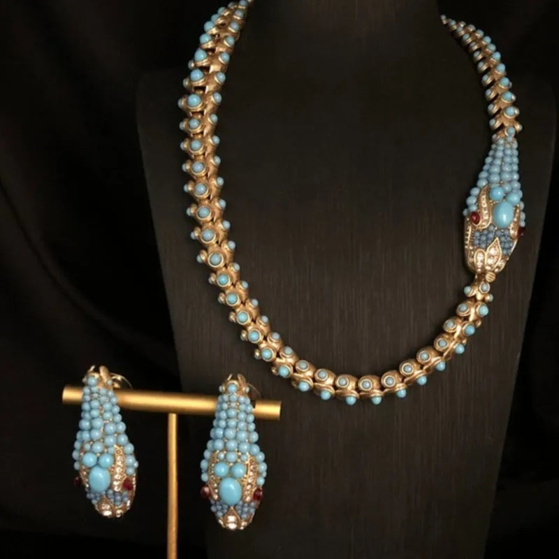 KEQIU Recycled aged gold snake-shaped necklace stud earring ancient-style , turquoise inlaid heavy industry jewelry