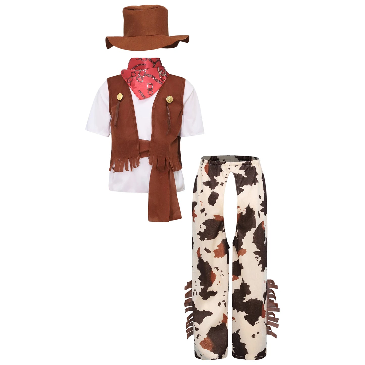 6Pcs Boys Western Cowboy Bandanna Halloween Cosplay Costume Dress Up T-shirt with Pants Vest Hat Bandana And Waistband Set