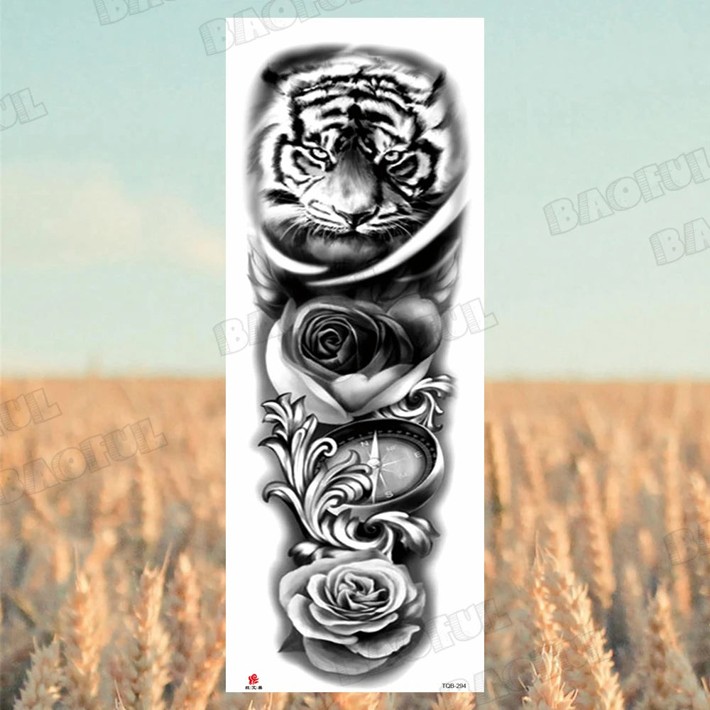BAOFUL Full Arm Sleeve Temporary Tattoos For Women Men Realistic Wolf Lion Warrior Maori Fake Tattoo Stickers Thigh Leg Tatoos