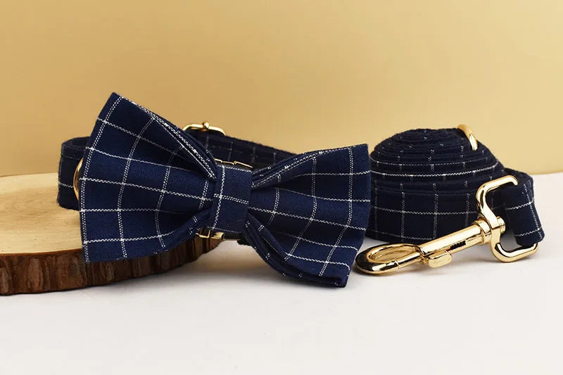 Plaid Dog Collar Designer With Bow Tie Custom Dog Accessories Luxury Pet collar leash set