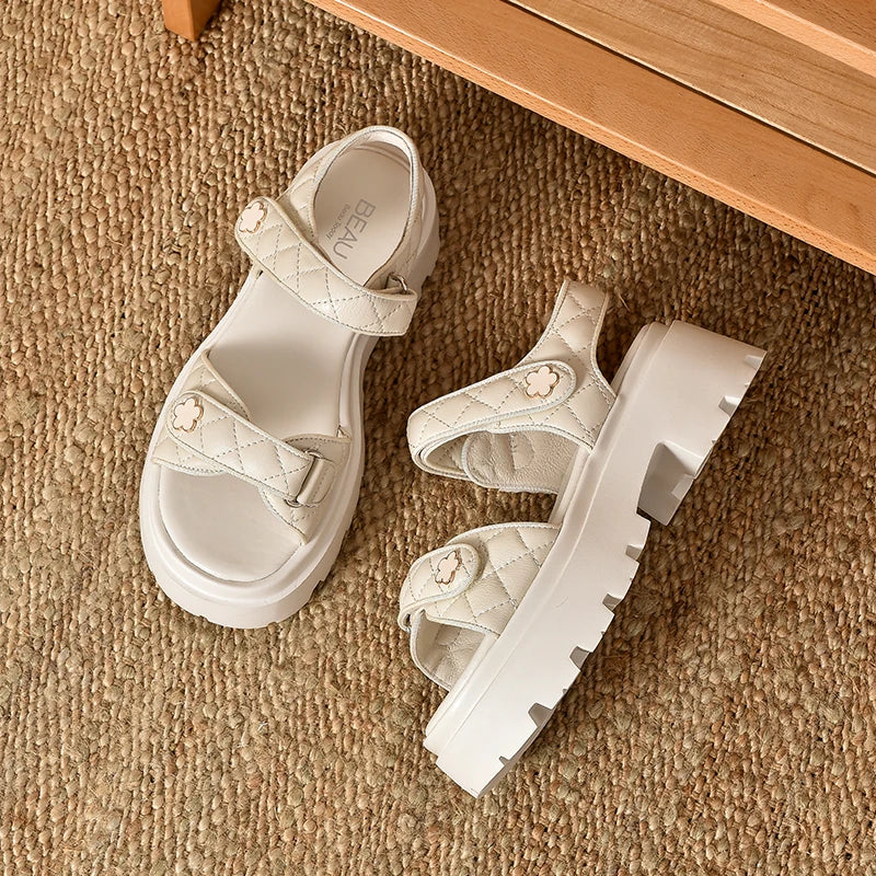 BeauToday Leather Sandals Women Soft Sheepskin Floral Ornament Hook Loop Summer Fashion Ladies Platform Shoes Handmade 38195