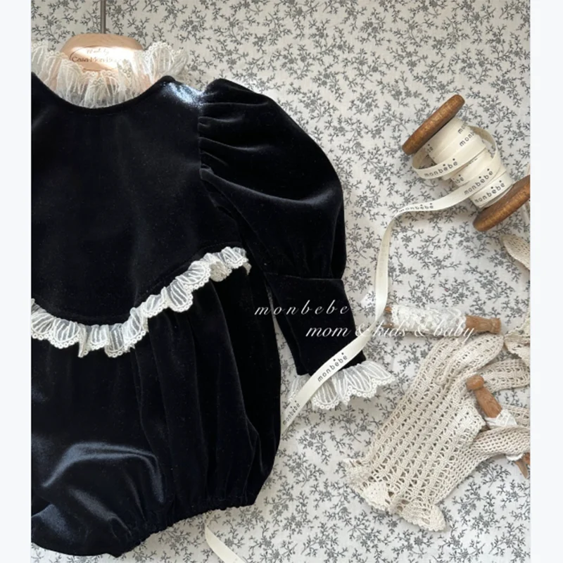 Newborn Baby Girls Lace Rompers Velvet Long Sleeve Infant One-Pieces Baby Bodysuit for Toddler Clothing Children Outfits 0-24m