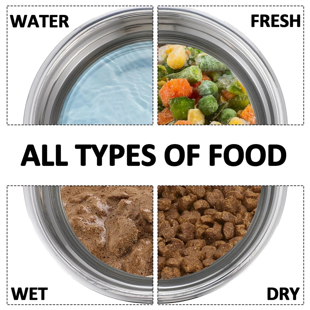 Stainless steel dog bowl, available in three sizes, with a silicone non-slip base, suitable for small, medium, and large dogs