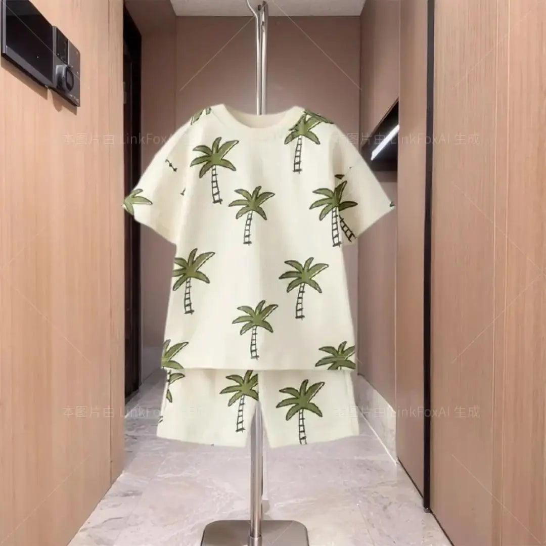 Cute Cartoon Print Design Short Sleeved Shorts Summer Men's And Women's Two-piece Set Children's Short Sleeved T-shirt Set