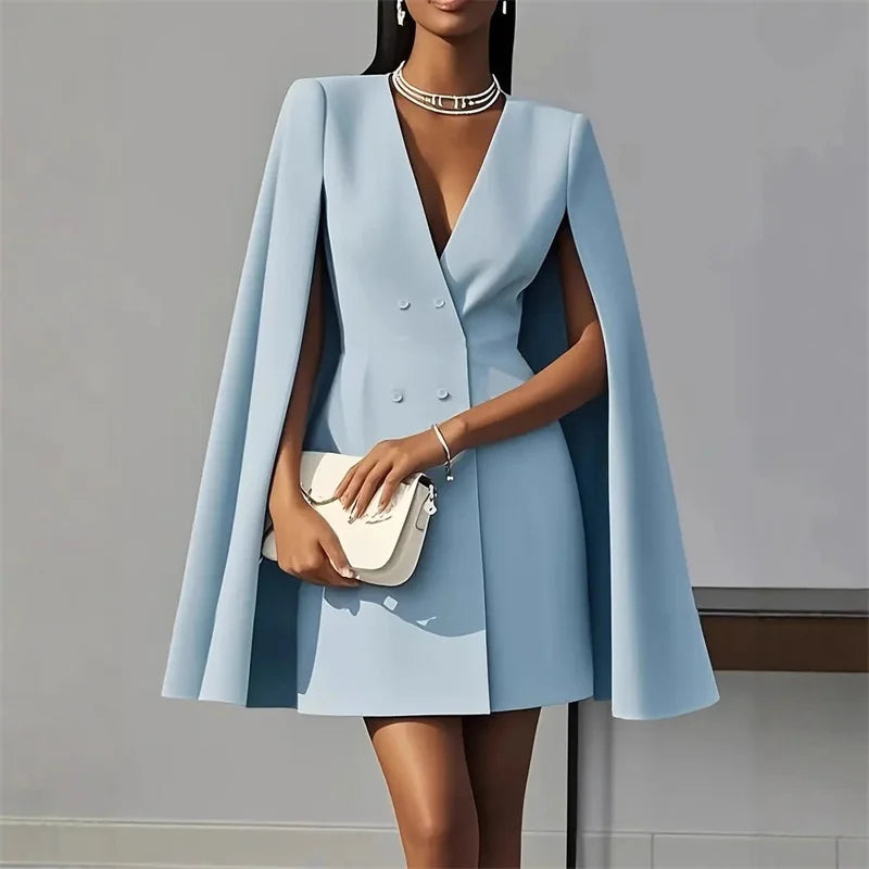 2025 Autumn Solid Color Blazer Dresses Woman Double Breasted Decoration A-Line Office Dress Lady Elegant Party Shawl Cape Dress