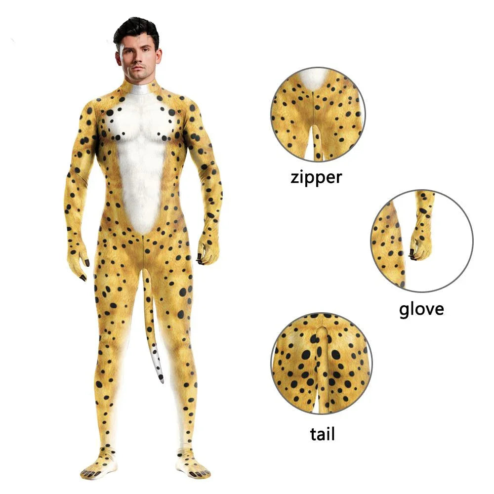 Halloween Cosplay Costume Male Adult Full Cover Elastic Zentai Pet Suit Jumpsuit Print Catsuit Bodysuits with Tail Purim Clothes