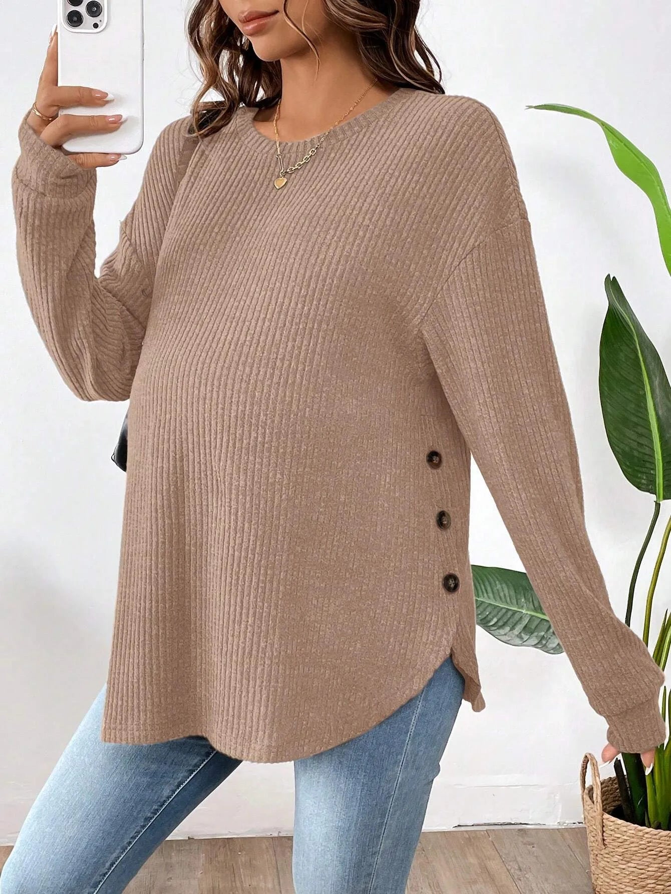 Pregnant Women's New Top For Autumn And Winter Casual Pullover Round Neck Long Sleeved Button Sweater