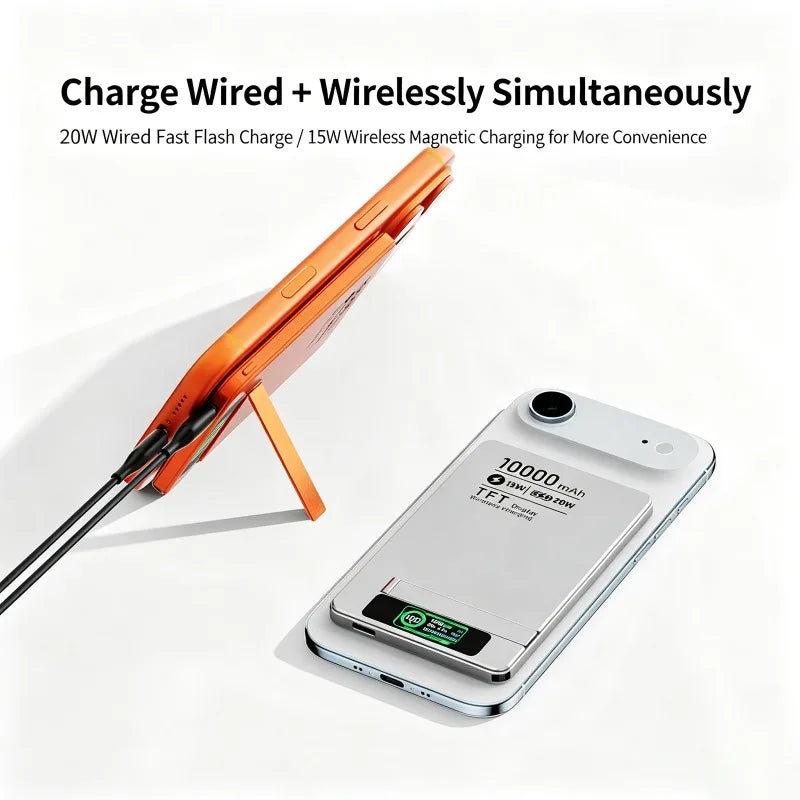 5000/10000mAh Slim and Portable Magnetic Power Bank with Bracket TFT Digital Display Wireless Fast Charging for Phones Watches