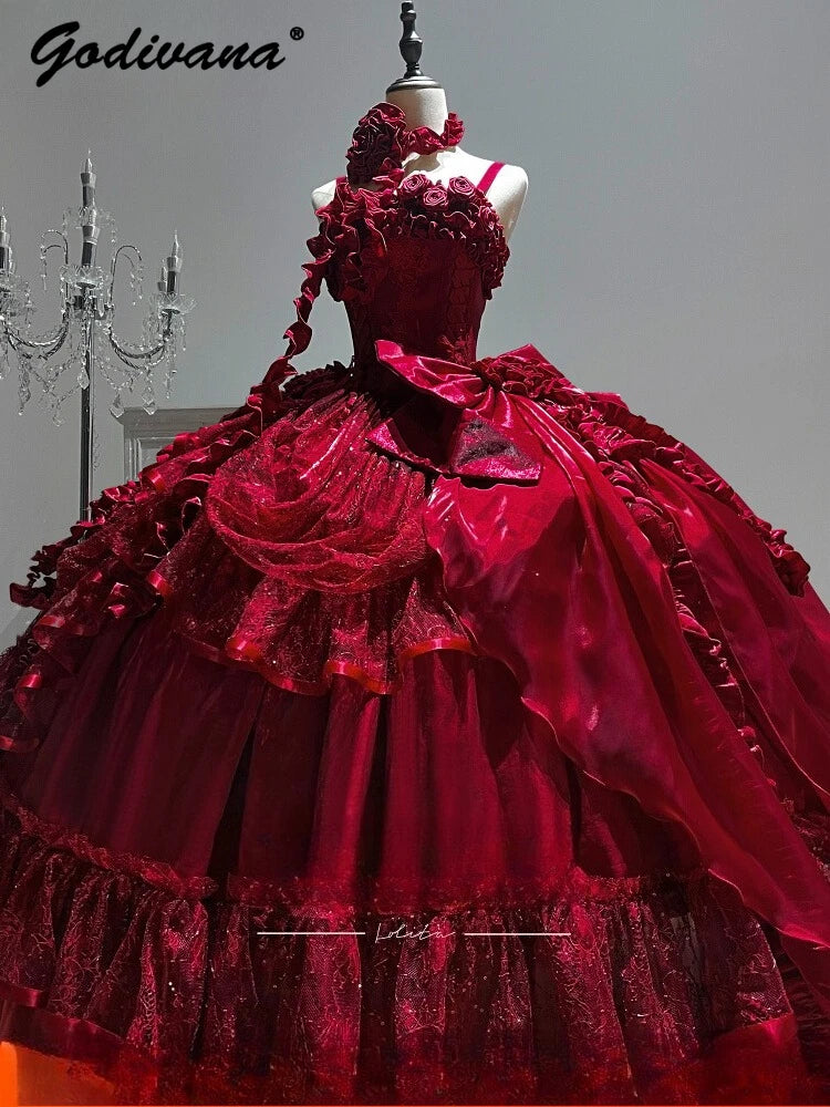Original Burgundy Fish Bone Flower Wedding Dress Lolita Girl Women's Fairy Lace Bow Slim Maxi Long Party Birthday Dresses