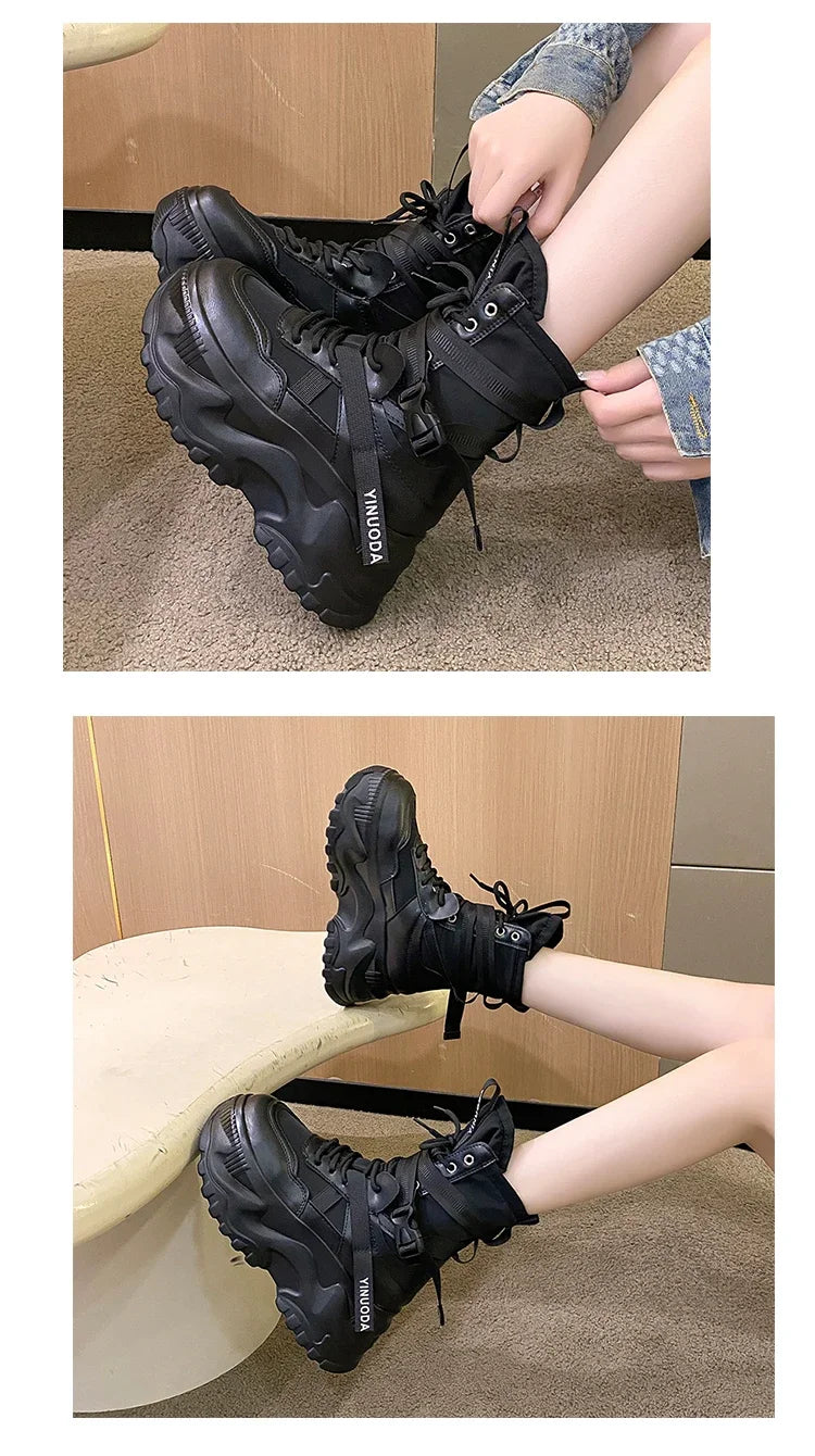 Hot Fashion Women Chunky Platform Motorcycle Boots White Lace Up Thick Bottom Shoes Woman Autumn Winter Ankle