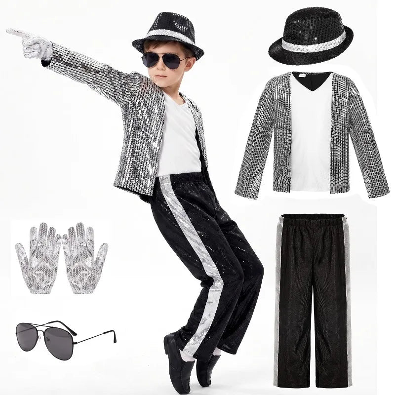 Boy Michael Jackson Billie Jean Cosplay Black Suit Dance Disco Halloween Fancy Dress Up 80s Pop King Costume for Kids