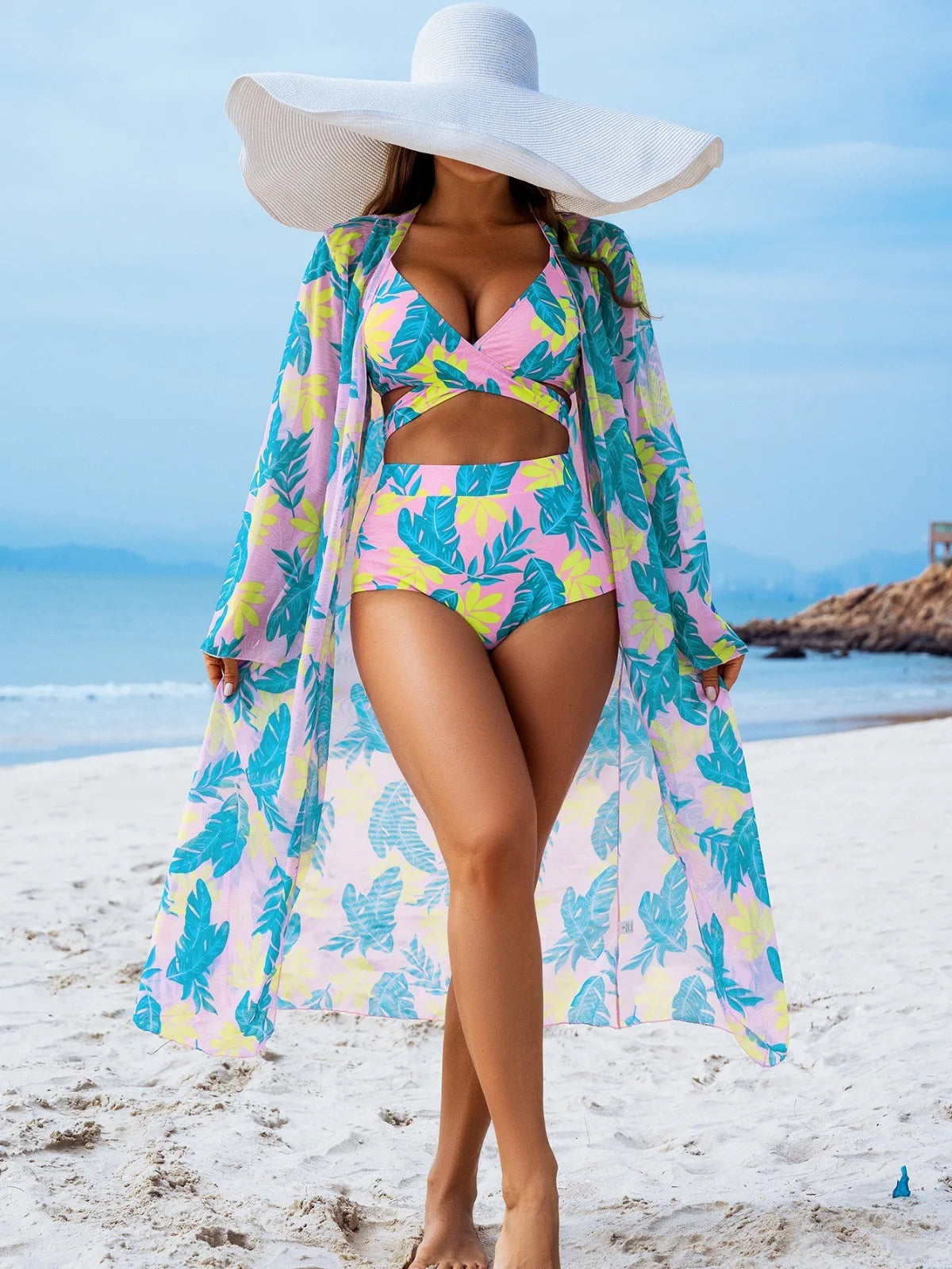 Women 3 Pieces Underwire Floral Bikini Set V Neck High Waist Swimsuit With Long Sleeve Kimono Cover Up Beach Bathing Suit