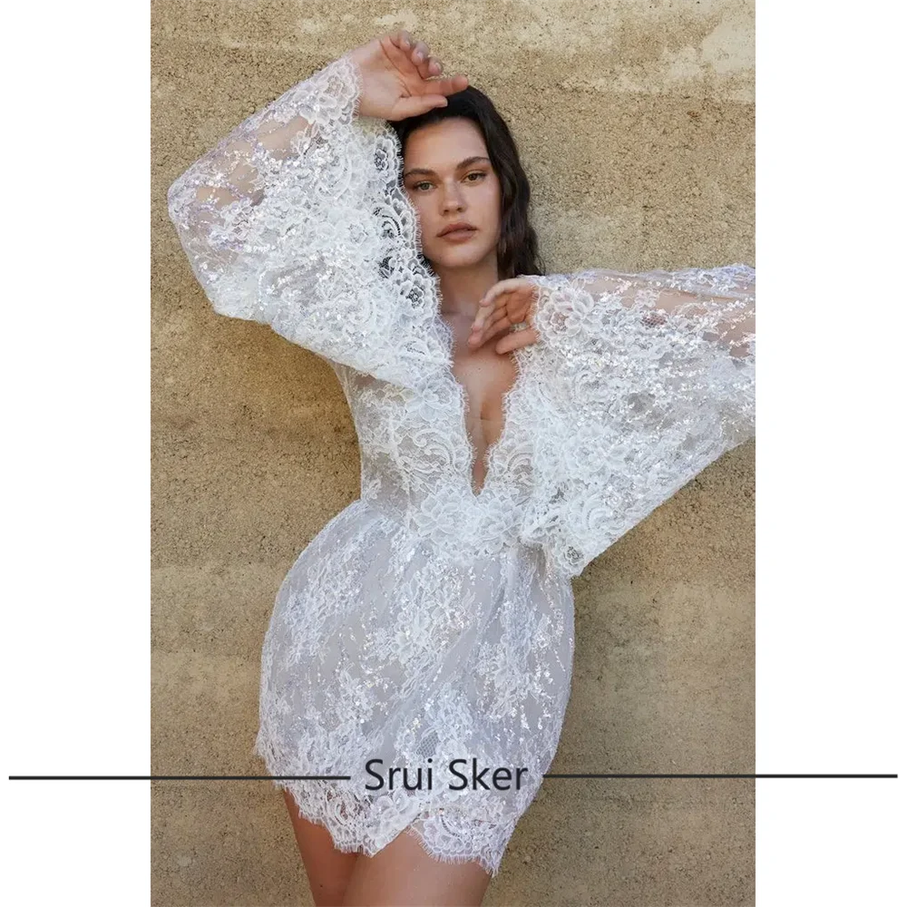 Luxury Lace Deep V Neck Customized Short A Line Wedding Dress Buttons Tiered Flare Sleeves Formal Bridal Gown vestidos de novia